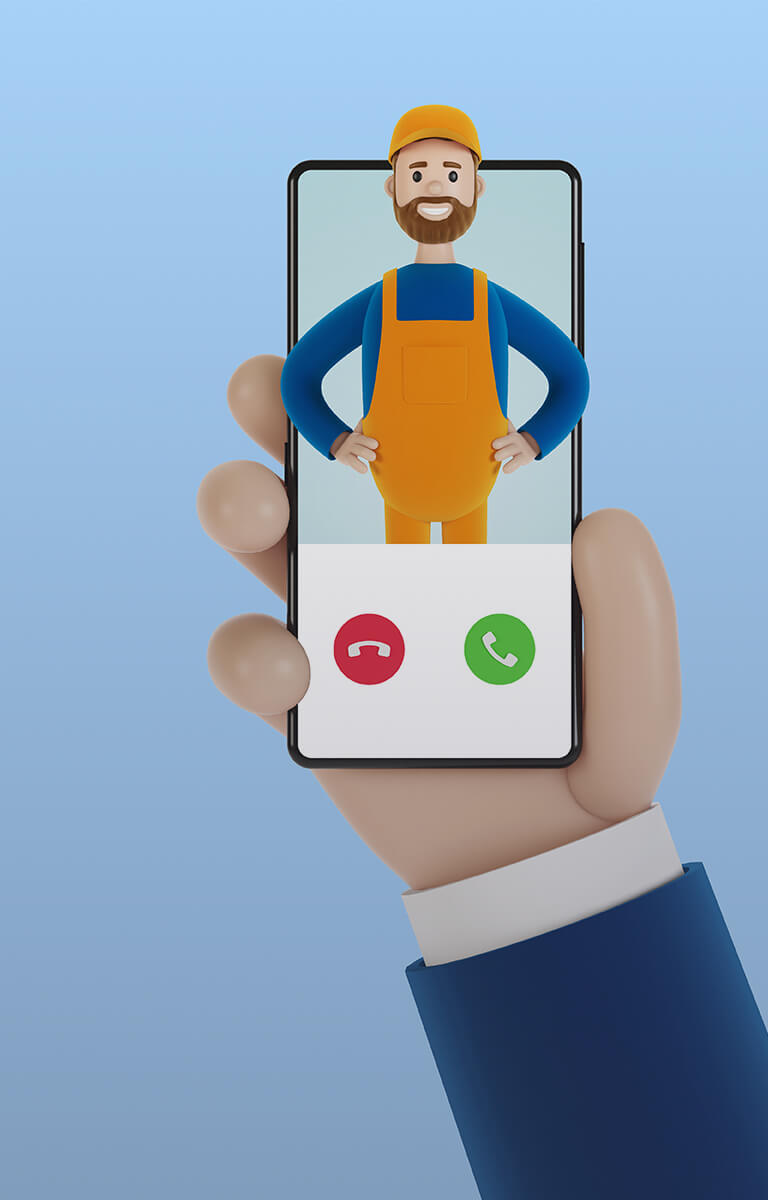 Hand holding a smartphone showing a construction worker on a video call screen with red end call and green answer buttons   جامعة الرافدين   مدير الموقع عمار محمود ابو الشعير   جامعة الرافدين   مدير الموقع عمار محمود ابو الشعير