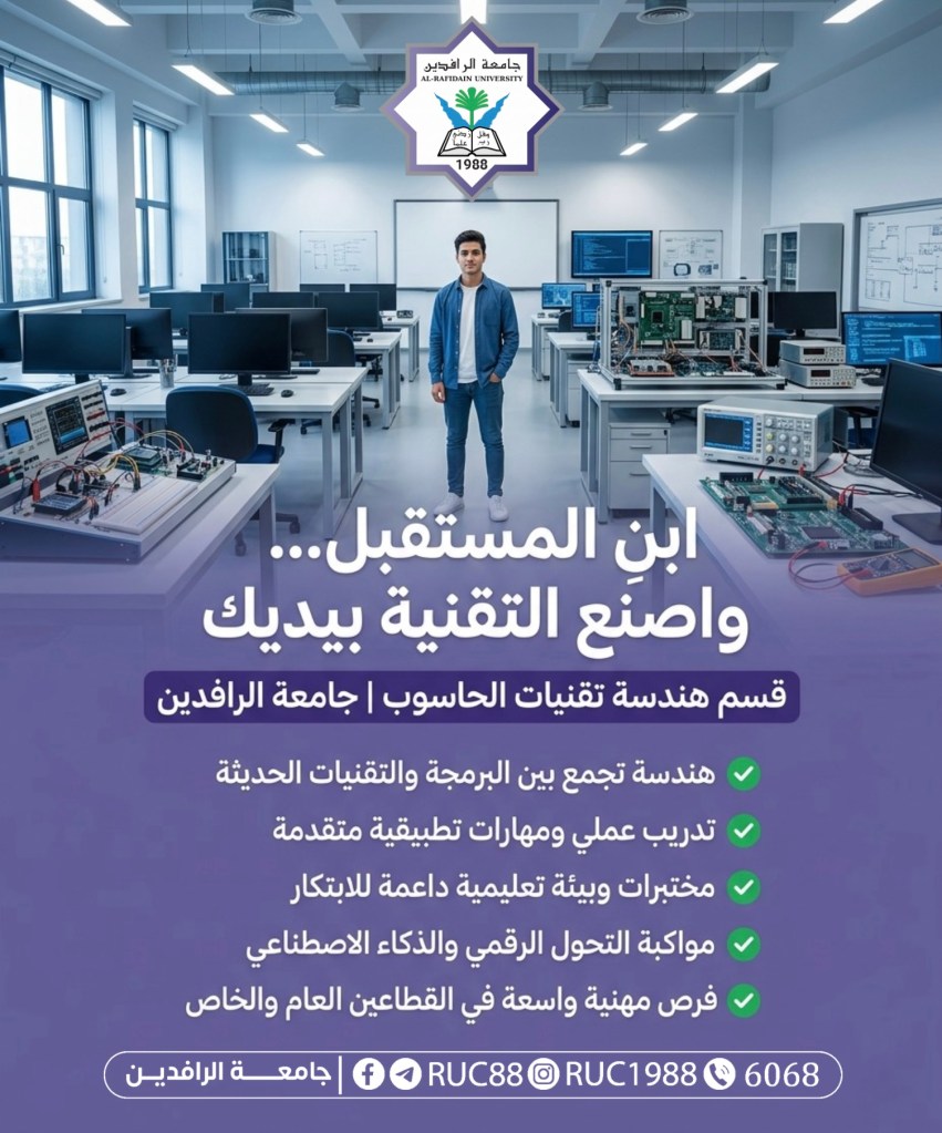 تصميم بدون عنوان 1 جامعة الرافدين 2026 Student standing in a modern computer lab with equipment Al Rafidain University logo overhead جامعة الرافدين مدير الموقع عمار محمود ابو الشعير