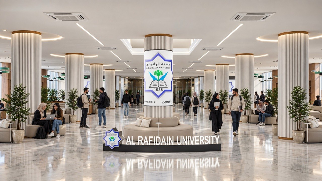 A spacious university lobby with a central pillar display reading Al Rafidain University and students walking or sitting nearby   جامعة الرافدين   مدير الموقع عمار محمود ابو الشعير   جامعة الرافدين   مدير الموقع عمار محمود ابو الشعير